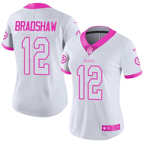 Nike Steelers #12 Terry Bradshaw White/Pink Women's Stitched NFL Limited Rush Fashion Jersey